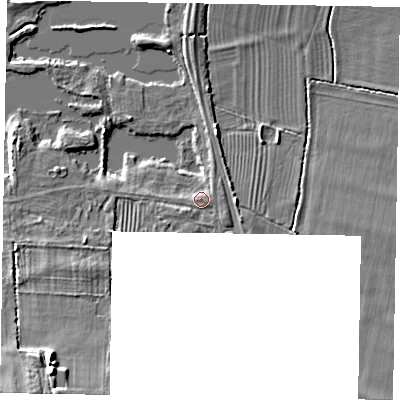 Shaded relief map of the ground around MK465FJ, computed from Environment Agency LiDAR. The ground here sits at about 51 m above sea level and falls 16 m across the surrounding 800 m. Surface water reaching this point runs off ground lying to the south-west, 0.8 m higher.