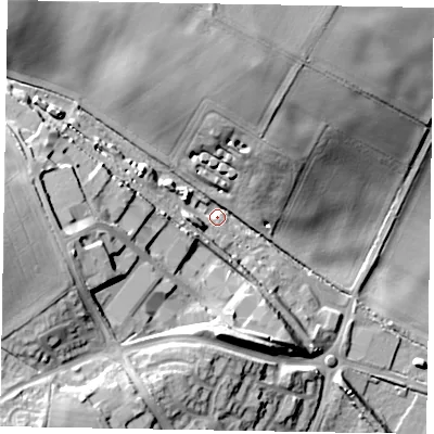 Shaded relief map of the ground around MK465FP, computed from Environment Agency LiDAR. The ground here sits at about 56 m above sea level and falls 30 m across the surrounding 800 m. Surface water reaching this point runs off ground lying to the west, 23.7 m higher.