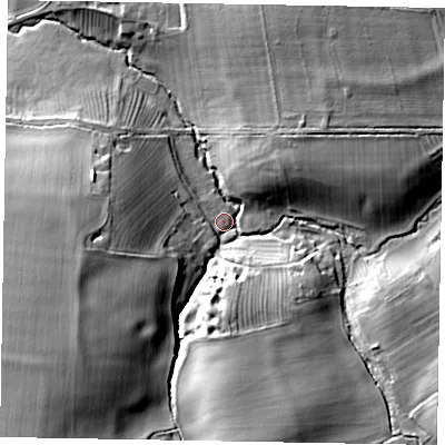 Shaded relief map of the ground around MK465JL, computed from Environment Agency LiDAR. The ground here sits at about 59 m above sea level and falls 25 m across the surrounding 800 m. Surface water reaching this point runs off ground lying to the south-west, 20.7 m higher.