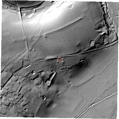 Shaded relief map of the ground around MK465JZ, computed from Environment Agency LiDAR. The ground here sits at about 67 m above sea level and falls 31 m across the surrounding 800 m. Surface water reaching this point runs off ground lying to the north-north-west, 10.7 m higher.