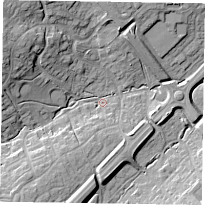 Shaded relief map of the ground around MK57AD, computed from Environment Agency LiDAR. The ground here sits at about 88 m above sea level and falls 23 m across the surrounding 800 m. Surface water reaching this point runs off ground lying to the north-west, 20.8 m higher.