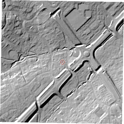 Shaded relief map of the ground around MK57ET, computed from Environment Agency LiDAR. The ground here sits at about 89 m above sea level and falls 20 m across the surrounding 800 m. Surface water reaching this point runs off ground lying to the south-south-west, 4.3 m higher.