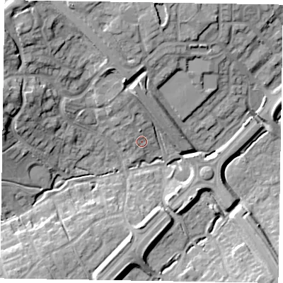Shaded relief map of the ground around MK57HN, computed from Environment Agency LiDAR. The ground here sits at about 90 m above sea level and falls 22 m across the surrounding 800 m. Surface water reaching this point runs off ground lying to the north, 5.5 m higher.