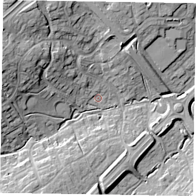Shaded relief map of the ground around MK57JD, computed from Environment Agency LiDAR. The ground here sits at about 89 m above sea level and falls 25 m across the surrounding 800 m. Surface water reaching this point runs off ground lying to the north-west, 12.9 m higher.
