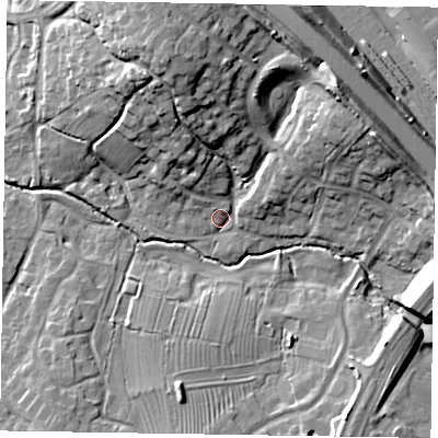 Shaded relief map of the ground around MK58AX, computed from Environment Agency LiDAR. The ground here sits at about 74 m above sea level and falls 18 m across the surrounding 800 m. Surface water reaching this point runs off ground lying to the north-north-west, 16.5 m higher.