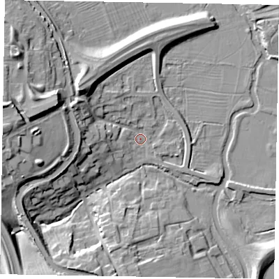 Shaded relief map of the ground around MK63AD, computed from Environment Agency LiDAR. The ground here sits at about 64 m above sea level and falls 19 m across the surrounding 800 m. Surface water reaching this point runs off ground lying to the west-north-west, 16.8 m higher.