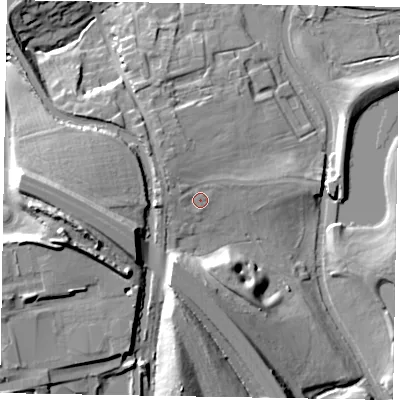 Shaded relief map of the ground around MK63AG, computed from Environment Agency LiDAR. The ground here sits at about 71 m above sea level and falls 21 m across the surrounding 800 m. Surface water reaching this point runs off ground lying to the west-north-west, 2.8 m higher.