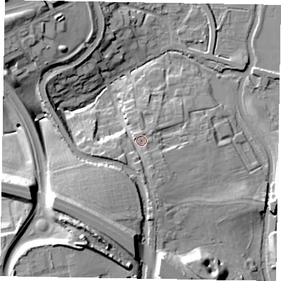 Shaded relief map of the ground around MK63AL, computed from Environment Agency LiDAR. The ground here sits at about 71 m above sea level and falls 21 m across the surrounding 800 m. Surface water reaching this point runs off ground lying to the south, 4.0 m higher.