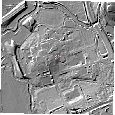 Shaded relief map of the ground around MK76AA, computed from Environment Agency LiDAR. The ground here sits at about 67 m above sea level and falls 18 m across the surrounding 800 m. Surface water reaching this point runs off ground lying to the west-south-west, 1.9 m higher.