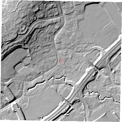 Shaded relief map of the ground around MK77BD, computed from Environment Agency LiDAR. The ground here sits at about 68 m above sea level and falls 20 m across the surrounding 800 m. Surface water reaching this point runs off ground lying to the north-west, 16.5 m higher.