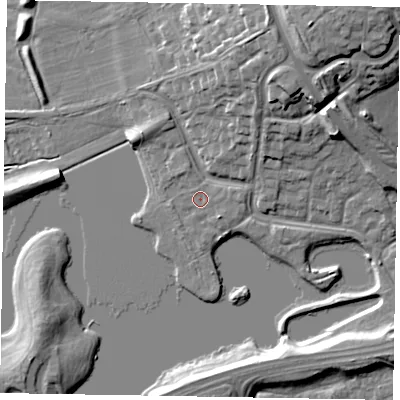 Shaded relief map of the ground around MK77HA, computed from Environment Agency LiDAR. The ground here sits at about 66 m above sea level and falls 20 m across the surrounding 800 m. Surface water reaching this point runs off ground lying to the north-north-east, 6.9 m higher.