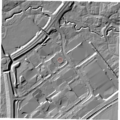 Shaded relief map of the ground around MK78AT, computed from Environment Agency LiDAR. The ground here sits at about 70 m above sea level and falls 14 m across the surrounding 800 m. Surface water reaching this point runs off ground lying to the south-south-west, 2.2 m higher.