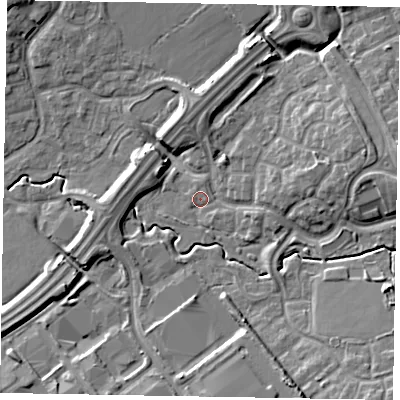 Shaded relief map of the ground around MK78DA, computed from Environment Agency LiDAR. The ground here sits at about 70 m above sea level and falls 10 m across the surrounding 800 m. Surface water reaching this point runs off ground lying to the south-south-east, 1.0 m higher.