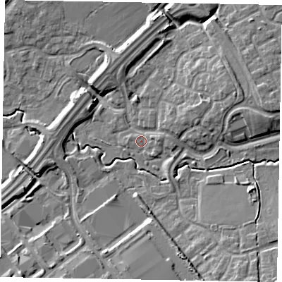 Shaded relief map of the ground around MK78DB, computed from Environment Agency LiDAR. The ground here sits at about 70 m above sea level and falls 10 m across the surrounding 800 m. Surface water reaching this point runs off ground lying to the east, 1.9 m higher.