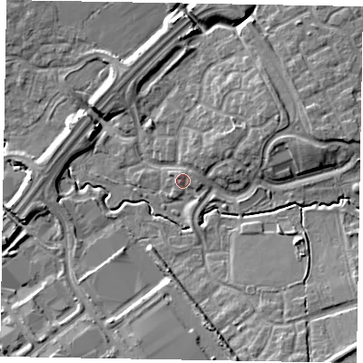 Shaded relief map of the ground around MK78DD, computed from Environment Agency LiDAR. The ground here sits at about 71 m above sea level and falls 11 m across the surrounding 800 m. Surface water reaching this point runs off ground lying to the north-east, 1.4 m higher.