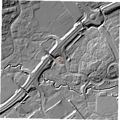 Shaded relief map of the ground around MK78DE, computed from Environment Agency LiDAR. The ground here sits at about 70 m above sea level and falls 10 m across the surrounding 800 m. Surface water reaching this point runs off ground lying to the east, 8.5 m higher.