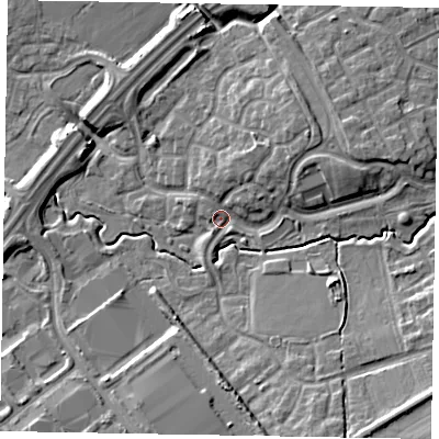 Shaded relief map of the ground around MK78DG, computed from Environment Agency LiDAR. The ground here sits at about 71 m above sea level and falls 11 m across the surrounding 800 m. Surface water reaching this point runs off ground lying to the south-east, 8.7 m higher.