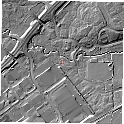Shaded relief map of the ground around MK78DH, computed from Environment Agency LiDAR. The ground here sits at about 70 m above sea level and falls 12 m across the surrounding 800 m. Surface water reaching this point runs off ground lying to the south-south-east, 8.1 m higher.