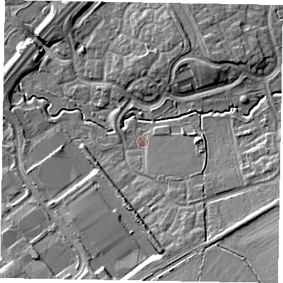 Shaded relief map of the ground around MK78DL, computed from Environment Agency LiDAR. The ground here sits at about 71 m above sea level and falls 13 m across the surrounding 800 m. Surface water reaching this point runs off ground lying to the south-south-east, 4.5 m higher.