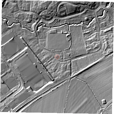 Shaded relief map of the ground around MK78DQ, computed from Environment Agency LiDAR. The ground here sits at about 74 m above sea level and falls 17 m across the surrounding 800 m. Surface water reaching this point runs off ground lying to the south, 5.2 m higher.