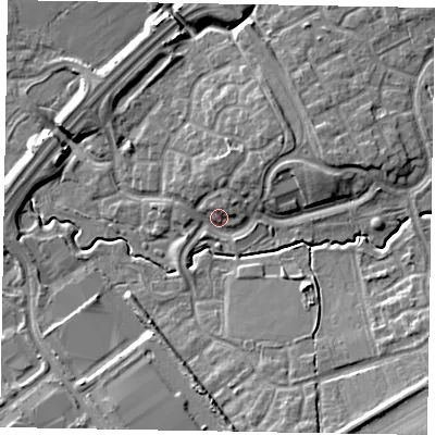 Shaded relief map of the ground around MK78DX, computed from Environment Agency LiDAR. The ground here sits at about 71 m above sea level and falls 12 m across the surrounding 800 m. Surface water reaching this point runs off ground lying to the south-east, 8.9 m higher.