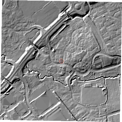 Shaded relief map of the ground around MK78DY, computed from Environment Agency LiDAR. The ground here sits at about 71 m above sea level and falls 10 m across the surrounding 800 m. Surface water reaching this point runs off ground lying to the east-north-east, 4.5 m higher.