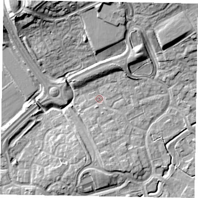 Shaded relief map of the ground around MK78EL, computed from Environment Agency LiDAR. The ground here sits at about 73 m above sea level and falls 18 m across the surrounding 800 m. Surface water reaching this point runs off ground lying to the south, 2.9 m higher.
