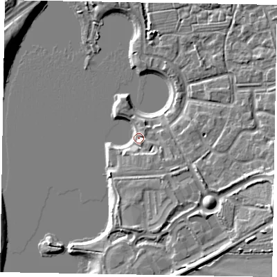 Shaded relief map of the ground around MK78FE, computed from Environment Agency LiDAR. The ground here sits at about 66 m above sea level and falls 11 m across the surrounding 800 m. Surface water reaching this point runs off ground lying to the south-east, 5.2 m higher.