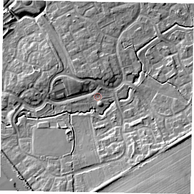 Shaded relief map of the ground around MK78PA, computed from Environment Agency LiDAR. The ground here sits at about 72 m above sea level and falls 14 m across the surrounding 800 m. Surface water reaching this point runs off ground lying to the south-east, 8.0 m higher.