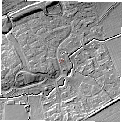 Shaded relief map of the ground around MK78PB, computed from Environment Agency LiDAR. The ground here sits at about 73 m above sea level and falls 11 m across the surrounding 800 m. Surface water reaching this point runs off ground lying to the south-south-east, 1.2 m higher.