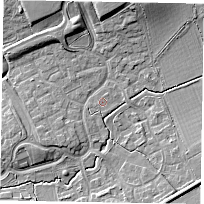 Shaded relief map of the ground around MK78PD, computed from Environment Agency LiDAR. The ground here sits at about 73 m above sea level and falls 13 m across the surrounding 800 m. Surface water reaching this point runs off ground lying to the east, 1.1 m higher.