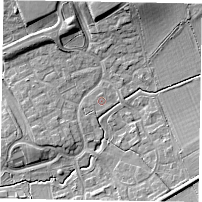 Shaded relief map of the ground around MK78PE, computed from Environment Agency LiDAR. The ground here sits at about 73 m above sea level and falls 13 m across the surrounding 800 m. Surface water reaching this point runs off ground lying to the east, 1.1 m higher.