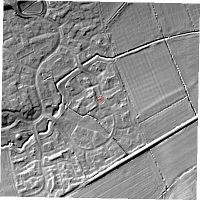 Shaded relief map of the ground around MK78PF, computed from Environment Agency LiDAR. The ground here sits at about 74 m above sea level and falls 13 m across the surrounding 800 m. Surface water reaching this point runs off ground lying to the east-south-east, 3.4 m higher.