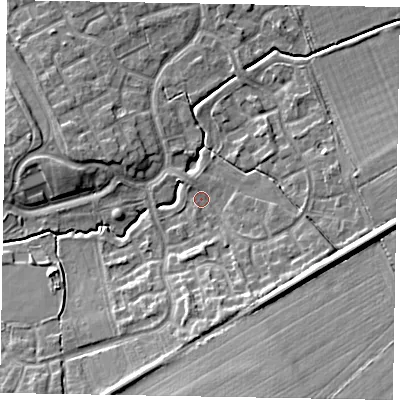Shaded relief map of the ground around MK78PG, computed from Environment Agency LiDAR. The ground here sits at about 73 m above sea level and falls 13 m across the surrounding 800 m. Surface water reaching this point runs off ground lying to the east-south-east, 6.6 m higher.