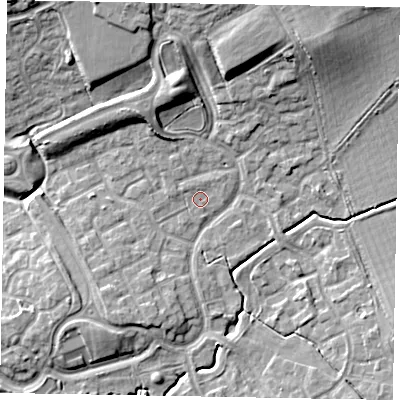 Shaded relief map of the ground around MK78PH, computed from Environment Agency LiDAR. The ground here sits at about 73 m above sea level and falls 13 m across the surrounding 800 m. Surface water reaching this point runs off ground lying to the north-east, 0.9 m higher.