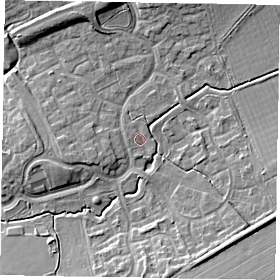Shaded relief map of the ground around MK78PJ, computed from Environment Agency LiDAR. The ground here sits at about 73 m above sea level and falls 11 m across the surrounding 800 m. Surface water reaching this point runs off ground lying to the south-south-west, 1.2 m higher.