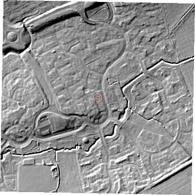 Shaded relief map of the ground around MK78PP, computed from Environment Agency LiDAR. The ground here sits at about 74 m above sea level and falls 11 m across the surrounding 800 m. Surface water reaching this point runs off ground lying to the south-west, 1.6 m higher.
