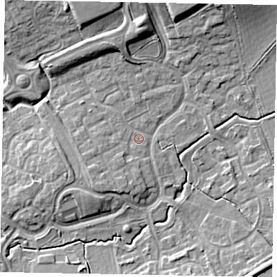 Shaded relief map of the ground around MK78PR, computed from Environment Agency LiDAR. The ground here sits at about 73 m above sea level and falls 13 m across the surrounding 800 m. Surface water reaching this point runs off ground lying to the south-west, 3.6 m higher.