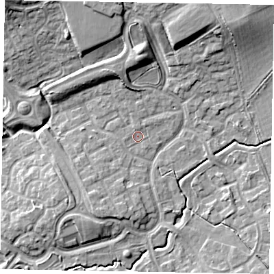 Shaded relief map of the ground around MK78PS, computed from Environment Agency LiDAR. The ground here sits at about 73 m above sea level and falls 13 m across the surrounding 800 m. Surface water reaching this point runs off ground lying to the north-north-west, 4.3 m higher.