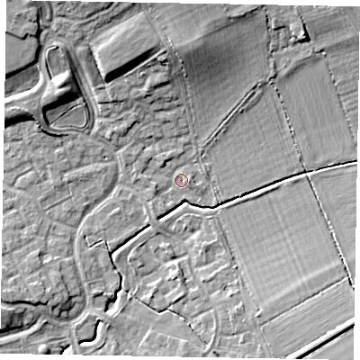Shaded relief map of the ground around MK78PZ, computed from Environment Agency LiDAR. The ground here sits at about 74 m above sea level and falls 13 m across the surrounding 800 m. Surface water reaching this point runs off ground lying to the north, 9.2 m higher.