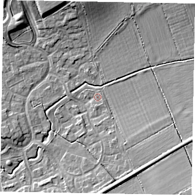 Shaded relief map of the ground around MK78QA, computed from Environment Agency LiDAR. The ground here sits at about 74 m above sea level and falls 12 m across the surrounding 800 m. Surface water reaching this point runs off ground lying to the south, 1.4 m higher.
