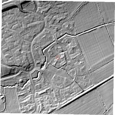 Shaded relief map of the ground around MK78QD, computed from Environment Agency LiDAR. The ground here sits at about 73 m above sea level and falls 10 m across the surrounding 800 m. Surface water reaching this point runs off ground lying to the east-south-east, 8.4 m higher.