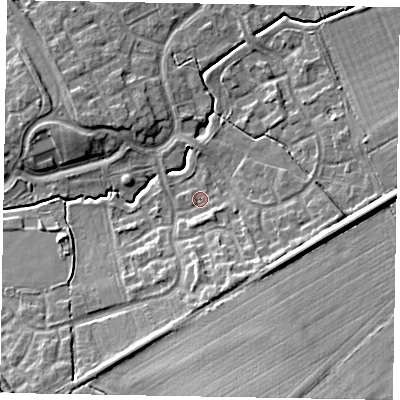 Shaded relief map of the ground around MK78QT, computed from Environment Agency LiDAR. The ground here sits at about 73 m above sea level and falls 15 m across the surrounding 800 m. Surface water reaching this point runs off ground lying to the south-south-east, 6.1 m higher.