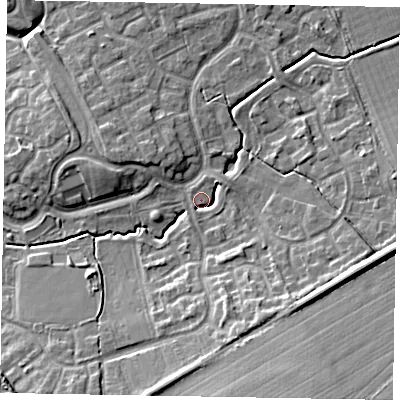 Shaded relief map of the ground around MK78QU, computed from Environment Agency LiDAR. The ground here sits at about 73 m above sea level and falls 13 m across the surrounding 800 m. Surface water reaching this point runs off ground lying to the south-south-east, 8.0 m higher.