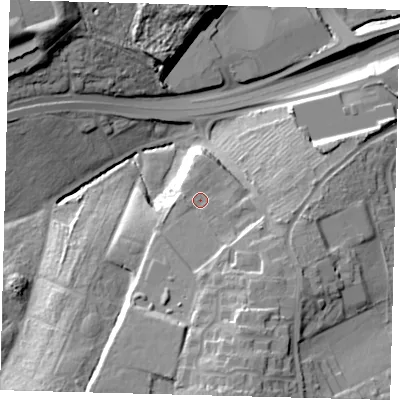 Shaded relief map of the ground around N101AF, computed from Environment Agency LiDAR. The ground here sits at about 58 m above sea level and falls 32 m across the surrounding 800 m. Surface water reaching this point runs off ground lying to the north-north-west, 0.6 m higher.