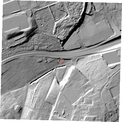 Shaded relief map of the ground around N101JW, computed from Environment Agency LiDAR. The ground here sits at about 48 m above sea level and falls 31 m across the surrounding 800 m. Surface water reaching this point runs off ground lying to the south-south-east, 21.8 m higher.