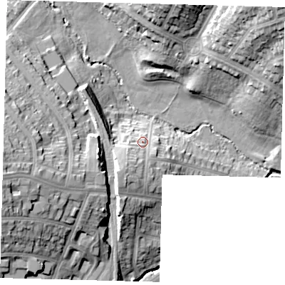 Shaded relief map of the ground around N111AP, computed from Environment Agency LiDAR. The ground here sits at about 36 m above sea level and falls 28 m across the surrounding 800 m. Surface water reaching this point runs off ground lying to the south-south-west, 9.5 m higher.