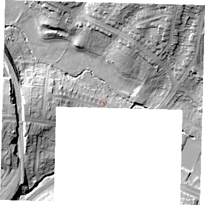 Shaded relief map of the ground around N111AR, computed from Environment Agency LiDAR. The ground here sits at about 30 m above sea level and falls 28 m across the surrounding 800 m. Surface water reaching this point runs off ground lying to the west, 13.4 m higher.