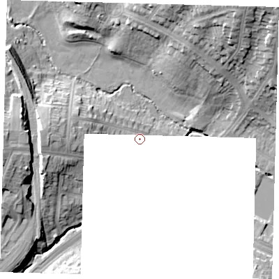 Shaded relief map of the ground around N111AS, computed from Environment Agency LiDAR. The ground here sits at about 31 m above sea level and falls 26 m across the surrounding 800 m. Surface water reaching this point runs off ground lying to the west, 12.4 m higher.