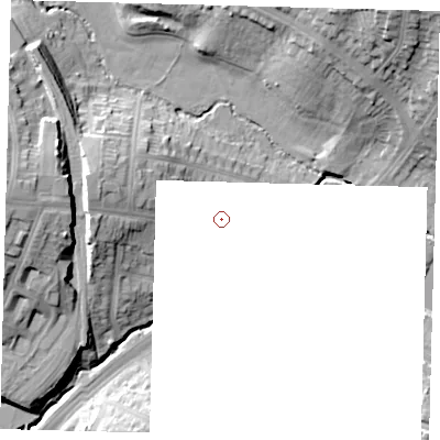 Shaded relief map of the ground around N111AT, computed from Environment Agency LiDAR. and falls 23 m across the surrounding 800 m.